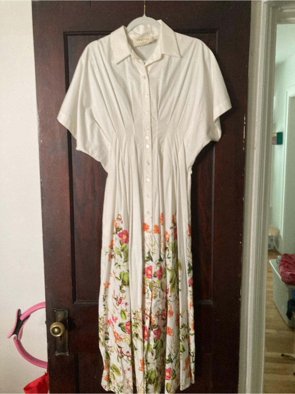 Anthropologie Tobie Cream Midi Dress with Pink and Green Floral Hem - Picture 3 of 11
